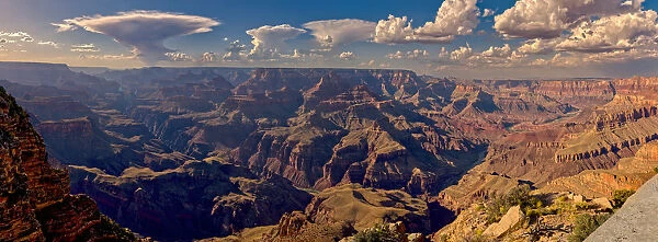 Panorama of the Grand Canyon just east of Zuni Point on the south rim with haze