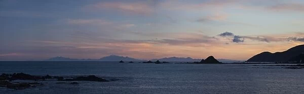 Panorama with Kaikoura Ranges in South Island at sunset from Wellington, North Island, New Zealand, Pacific