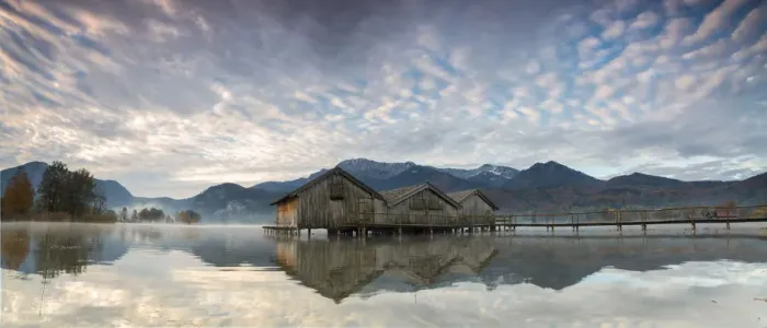Framed Print : Panorama of Kochelsee framed by pink clouds at sunset, Schlehdorf, Bavaria, Germany