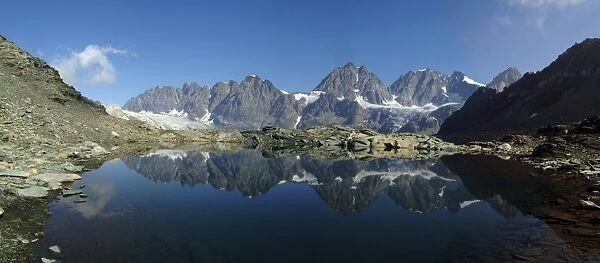 Panorama of Laghetto Forbici and Bernina Group on a summer day, Malenco Valley, Valtellina