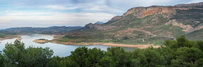 Framed Print : Panorama Landscape of Gobrantes and Guadalhorce water reservoir dam at sunset, Andalusia, Spain, Europe