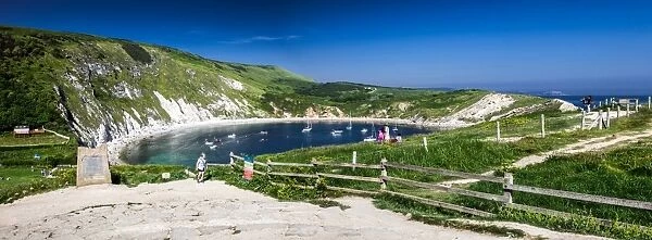 Panorama of Lulworth Cove on a hot summer day, Jurassic Coast, UNESCO World Heritage Site