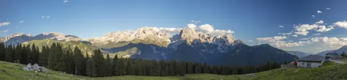 Framed Print : Panorama of meadows and hut framed by peaks, Malga Ritorto, Madonna di Campiglio Framed Print : Panorama of meadows and hut framed by peaks, Malga Ritorto, Madonna di Campiglio
