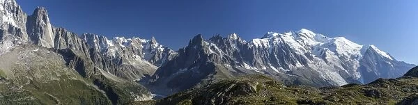 Panorama of the mountain range of Mont Blanc, Haute Savoie, French Alps, France, Europe