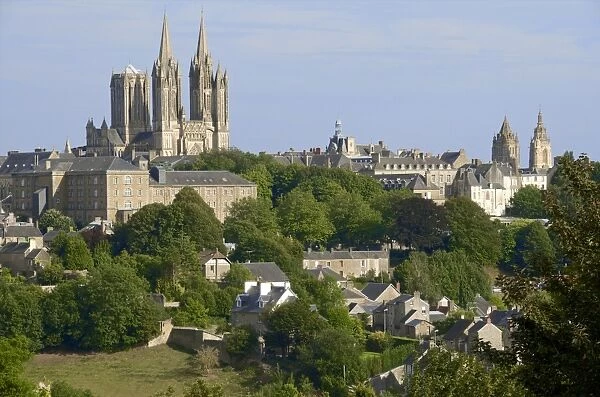 Panorama with Notre Dame Cathedral and St. Peter church, Coutances, Cotentin, Normandy, France, Europe