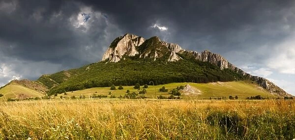 Panorama of Piatra Secuiului over Rimetea village in the Transcaului Mountains in