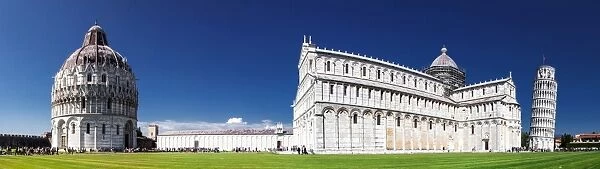 Panorama of Piazza dei Miracoli containing the Leaning Tower of Pisa, the Cathedral