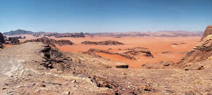 Framed Print : Panorama of a red sand plain in the Wadi Rum desert, Jordan, Middle East Framed Print : Panorama of a red sand plain in the Wadi Rum desert, Jordan, Middle East