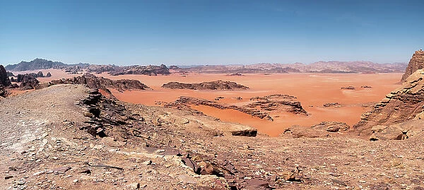 Panorama of a red sand plain in the Wadi Rum desert, Jordan, Middle East
