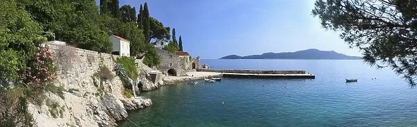 Panorama of rocky coast and harbour, Trsteno, Dubrovnik, Croatia, Europe