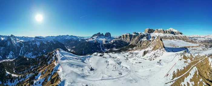 Framed Print : Panorama of Sassolongo or Langkofelscharte and the Canazei ski slopes, Dolomites, Italy Framed Print : Panorama of Sassolongo or Langkofelscharte and the Canazei ski slopes, Dolomites, Italy