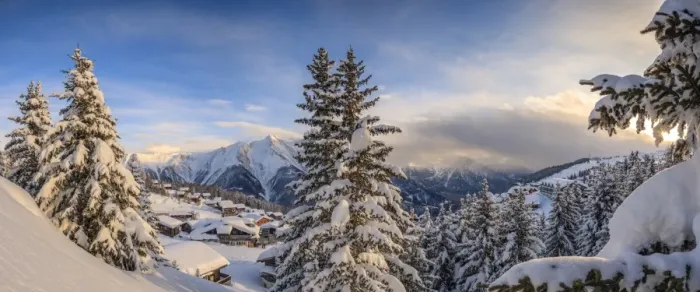 Framed Print : Panorama of snowy woods and mountain huts framed by sunset, Bettmeralp, district of Raron Framed Print : Panorama of snowy woods and mountain huts framed by sunset, Bettmeralp, district of Raron