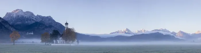 Framed Print : Panorama of St. Coloman Church surrounded by the autumn fog at sunrise, Schwangau Framed Print : Panorama of St. Coloman Church surrounded by the autumn fog at sunrise, Schwangau
