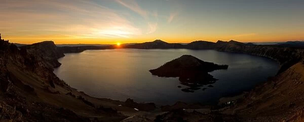 Panorama of sunrise at Crater Lake, Oregon, United States of America, North America