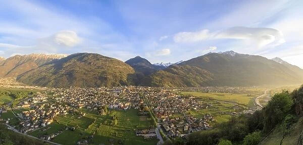 Panorama of the town of Morbegno at sunset, province of Sondrio, Valtellina, Lombardy