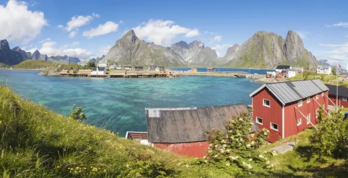 Framed Print : Panorama of turquoise sea and typical fishing village surrounded by rocky peaks, Sakrisoy Framed Print : Panorama of turquoise sea and typical fishing village surrounded by rocky peaks, Sakrisoy