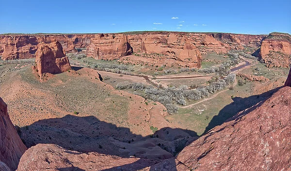 Panorama view of the Junction between the north and south forks of Canyon De Chelly National Monument, with Dog Rock rock formation on the far left, Arizona, United States of America, North America