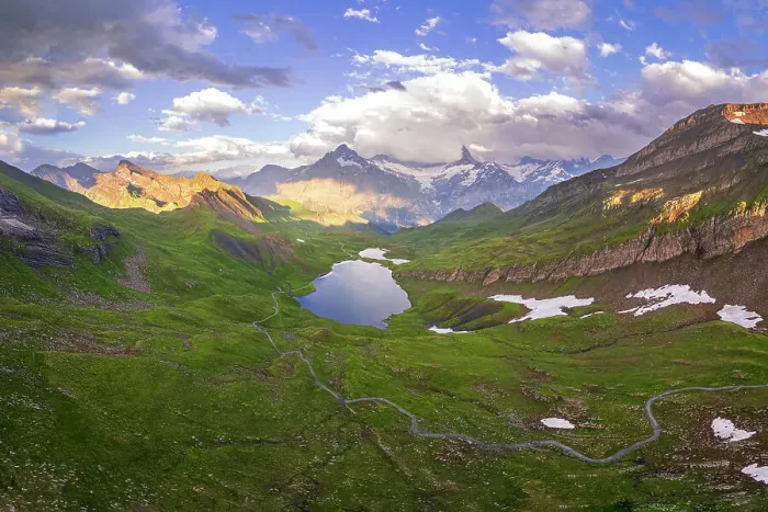 Framed Print : Panoramic aerial view of Bachalpsee with clouds surrounding the Bernese Oberland mountains, Grindelwald, Bern canton, Switzerland, Europe Framed Print : Panoramic aerial view of Bachalpsee with clouds surrounding the Bernese Oberland mountains, Grindelwald, Bern canton, Switzerland, Europe