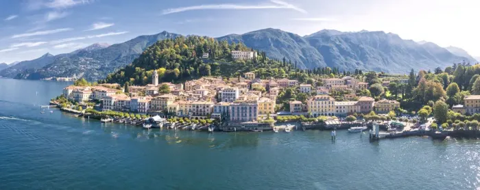 Framed Print : Panoramic aerial view of Bellagio on green promontory on the shore of Lake Como, Province of Como Framed Print : Panoramic aerial view of Bellagio on green promontory on the shore of Lake Como, Province of Como