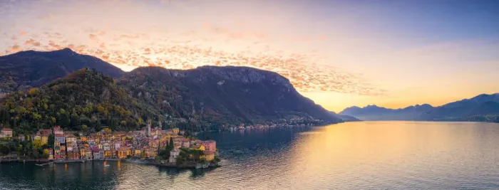 Framed Print : Panoramic aerial view of Varenna and Lake Como at sunrise, Lecco province, Lombardy Framed Print : Panoramic aerial view of Varenna and Lake Como at sunrise, Lecco province, Lombardy