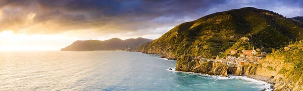 Panoramic aerial view of Vernazza at sunset, Cinque Terre, UNESCO World Heritage Site