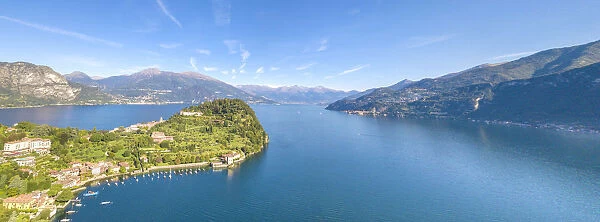 Panoramic aerial view of the village of Pescallo and Lake Como, Bellagio, Province of Como