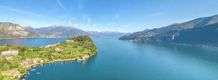 Framed Print : Panoramic aerial view of the village of Pescallo and Lake Como, Bellagio, Province of Como Framed Print : Panoramic aerial view of the village of Pescallo and Lake Como, Bellagio, Province of Como