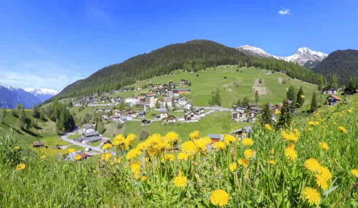 Framed Print : Panoramic of the alpine village of Davos Wiesen in spring, Canton of Graubunden Framed Print : Panoramic of the alpine village of Davos Wiesen in spring, Canton of Graubunden