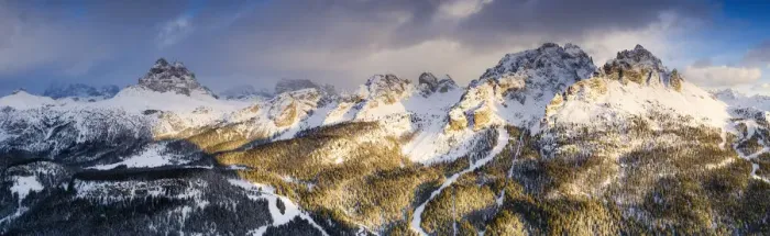 Framed Print : Panoramic by drone of Cadini di Misurina peaks and Tre Cime di Lavaredo at sunset Framed Print : Panoramic by drone of Cadini di Misurina peaks and Tre Cime di Lavaredo at sunset