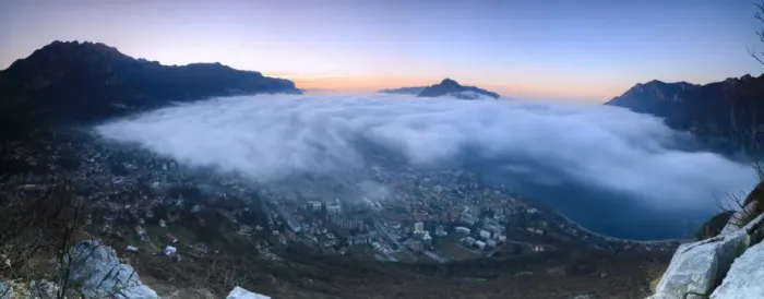 Framed Print : Panoramic of fog at sunrise above the city of Lecco seen from Monte San Martino, Province of Lecco Framed Print : Panoramic of fog at sunrise above the city of Lecco seen from Monte San Martino, Province of Lecco