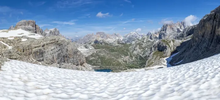 Framed Print : Panoramic of Forcella Dei Laghi mountain path leading to Rifugio Locatelli hut in summer Framed Print : Panoramic of Forcella Dei Laghi mountain path leading to Rifugio Locatelli hut in summer