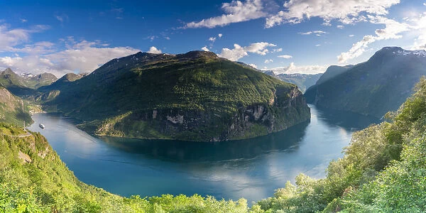 Panoramic of Geirangerfjord, UNESCO World Heritage Site, from the elevated Ornesvingen