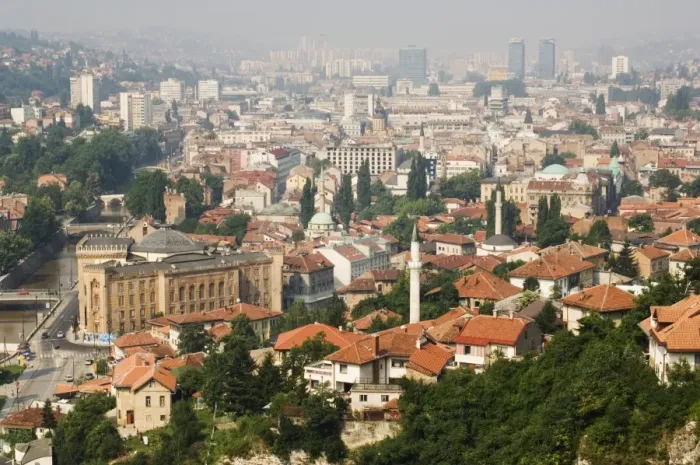 Framed Print : Panoramic hilltop view of the city, Sarajevo, Bosnia, Europe Framed Print : Panoramic hilltop view of the city, Sarajevo, Bosnia, Europe