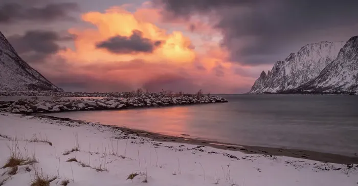 Framed Print : Panoramic image of Ersfjorden and The Devils Teeth viewed from Ersfjordstranda beach at sunset in winter, Senja, Troms og Finnmark County, Norway, Scandinavia, Europe