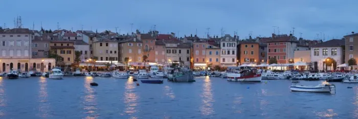 Framed Print : Panoramic image of the waterfront and harbour with ships and boats at dusk, Rovinj, Istria, Croatia, Europe Framed Print : Panoramic image of the waterfront and harbour with ships and boats at dusk, Rovinj, Istria, Croatia, Europe