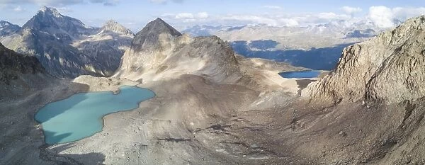 Panoramic of Lej Lagrev seen from drone, Silvaplana, Engadine, Canton of Graubunden