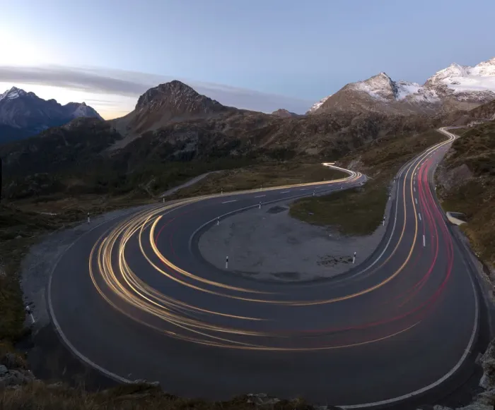Framed Print : Panoramic of lights of car traces, Bernina Pass, Poschiavo Valley, Engadine, Canton of Graubunden Framed Print : Panoramic of lights of car traces, Bernina Pass, Poschiavo Valley, Engadine, Canton of Graubunden