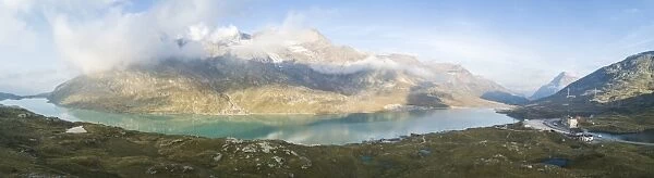 Panoramic of mountain peaks and Lago Bianco, Bernina Pass, Poschiavo Valley, Engadine