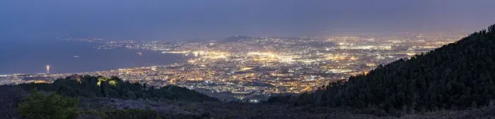 Framed Print : Panoramic of Naples city lights and Gulf at dusk from Vesuvius, Naples, Campania, Italy
