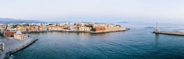 Framed Print : Panoramic of the old Venetian harbour and lighthouse of Chania at sunrise, aerial view Framed Print : Panoramic of the old Venetian harbour and lighthouse of Chania at sunrise, aerial view
