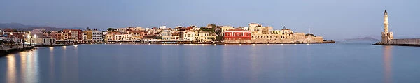 Panoramic of the old Venetian port and lighthouse during the blue hour, Chania, Crete