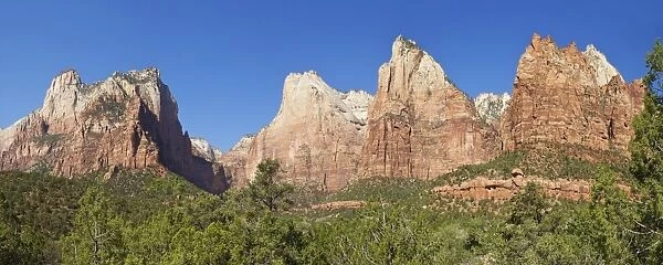 Panoramic photo of Court of the Patriarchs, Abraham Peak, Isaac Peak, Mount Moroni and Jacob Peak, Zion National Park, Utah, United States of America, North America