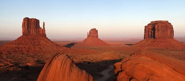 Panoramic photo of the Mittens at dusk, Monument Valley Navajo Tribal Park, Utah, United States of America, North America