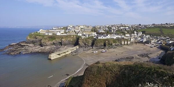 Panoramic photo of old harbour in Port Isaac in spring sunshine, Cornwall, England, United Kingdom, Europe
