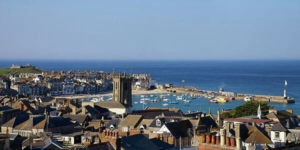 Panoramic photo of St. Ives church and old harbour, St. Ives, Cornwall, England, United Kingdom, Europe