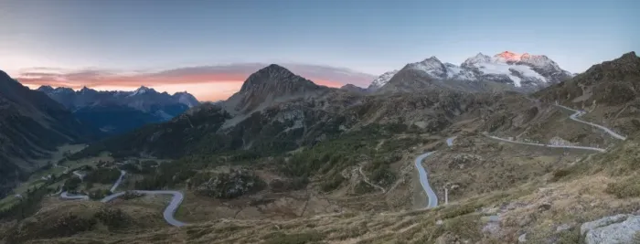 Framed Print : Panoramic of the road bends of Bernina Pass at dawn, Poschiavo Valley, Engadine Framed Print : Panoramic of the road bends of Bernina Pass at dawn, Poschiavo Valley, Engadine
