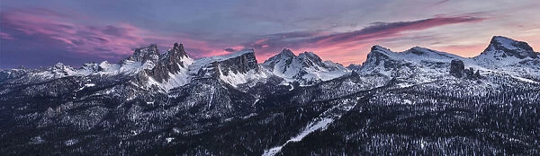 Panoramic at sunset of Dolomites of Cortina d Ampezzo covered by snow, Croda da Lago