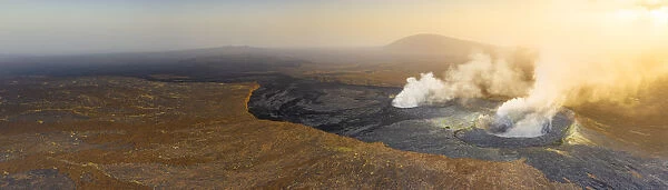 Panoramic of sunset over the fumarole of Erta Ale volcano, Danakil Depression