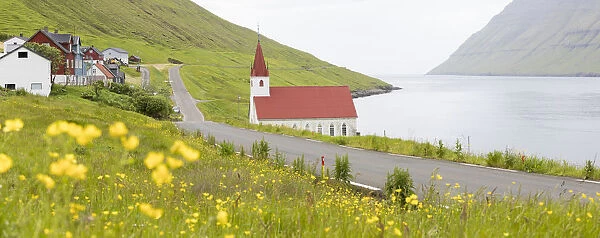 Panoramic of the traditional village of Husar, Kalsoy Island, Faroe Islands, Denmark