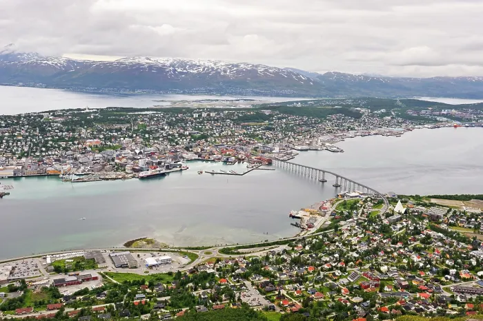 Framed Print : Panoramic view over the city from the Storsteinen Mountain.Tromso.County of Troms, Norway, Northern Europe